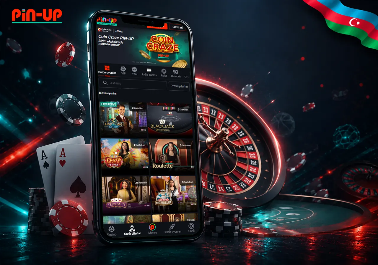 Rulet, kartlar və fişlərlə Pin Up live kazino masası konsepti